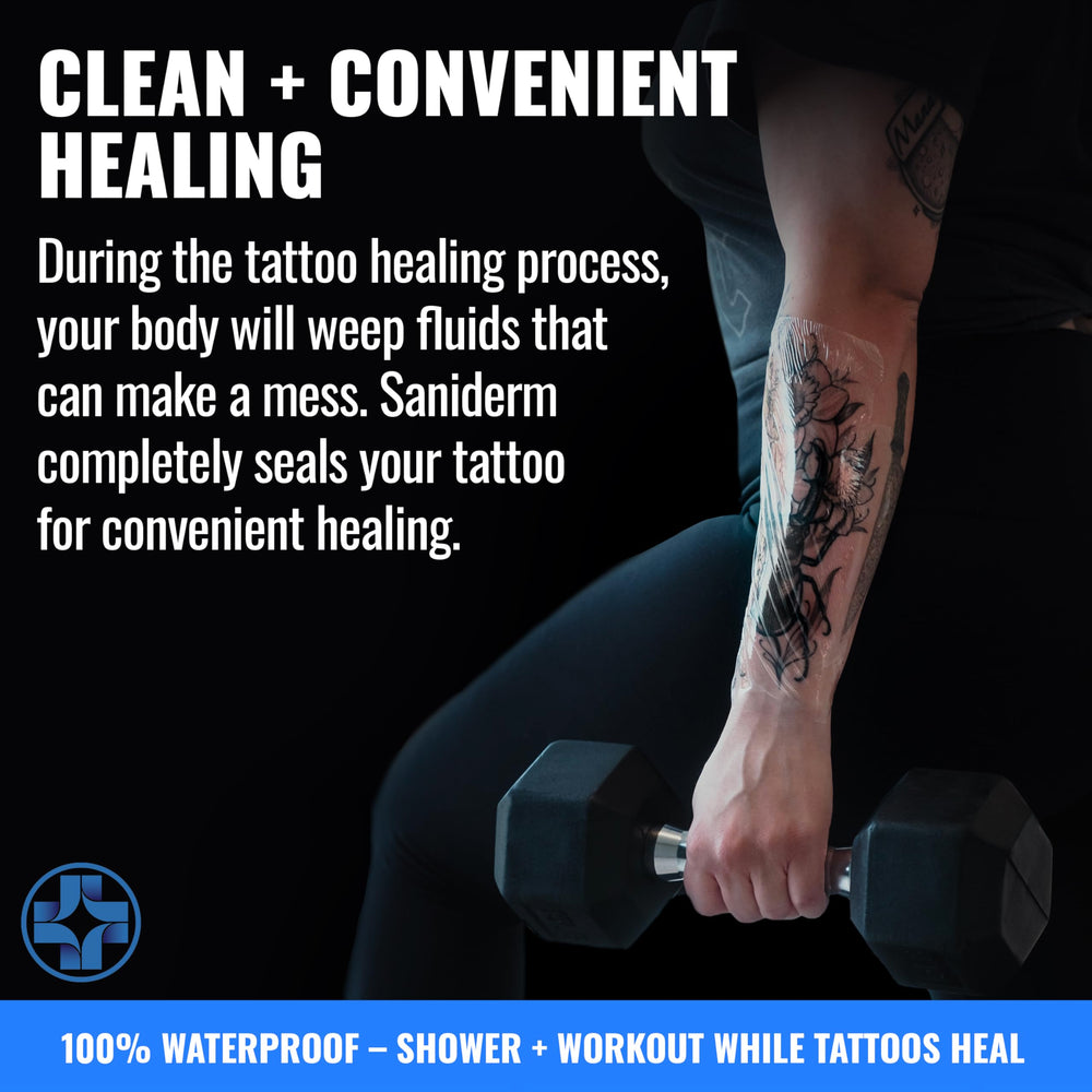Person showering with Saniderm on tattoo showing waterproof protection