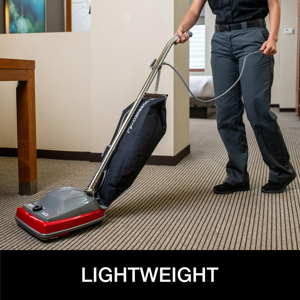 Sanitaire long 30‑foot cord and plug showing extended reach benefit