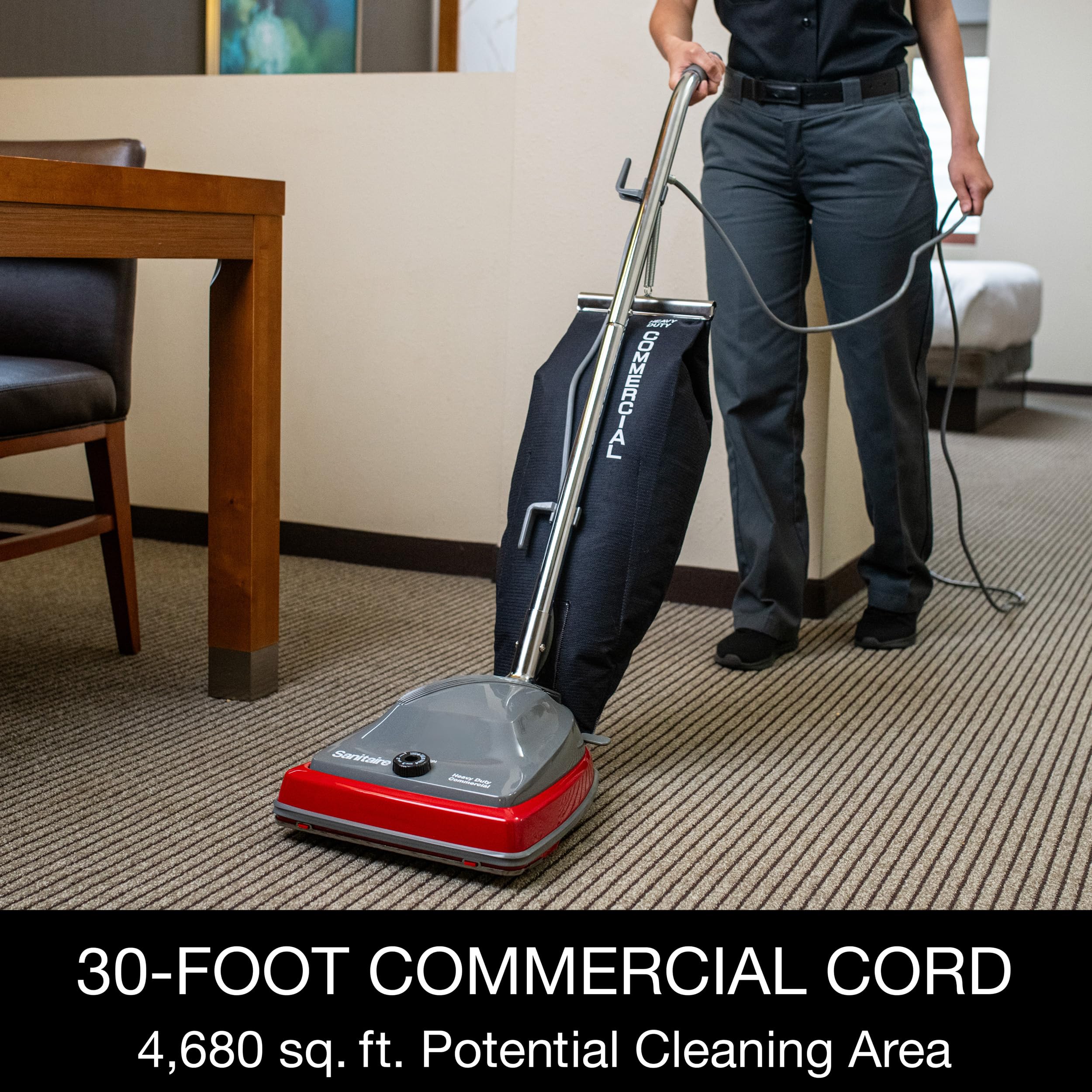 Sanitaire vacuum in office use showing efficient cleaning benefit
