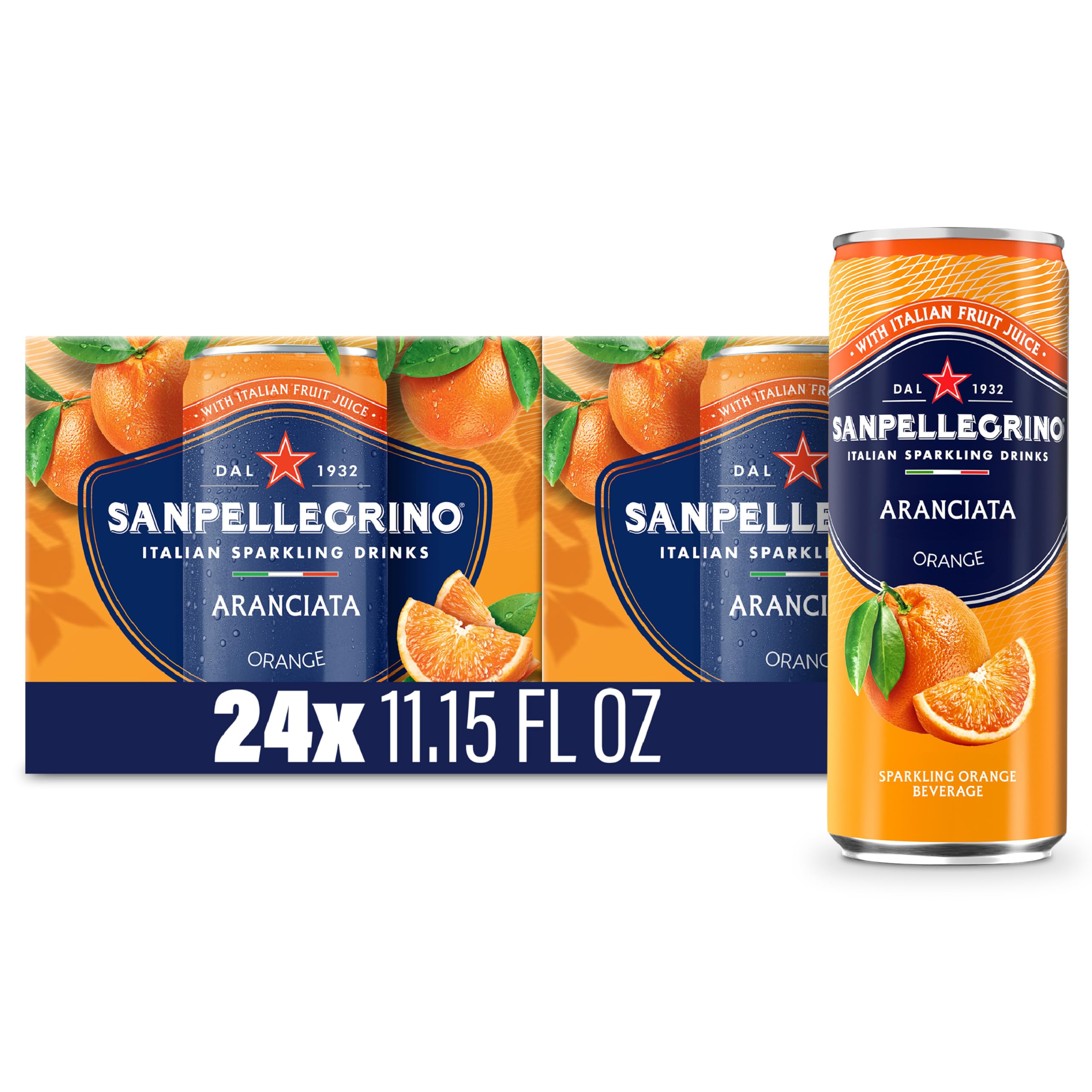 Sanpellegrino front pack showing 24 cans and bright orange branding for fridge-ready refreshment