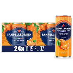 Sanpellegrino front pack showing 24 cans and bright orange branding for fridge-ready refreshment