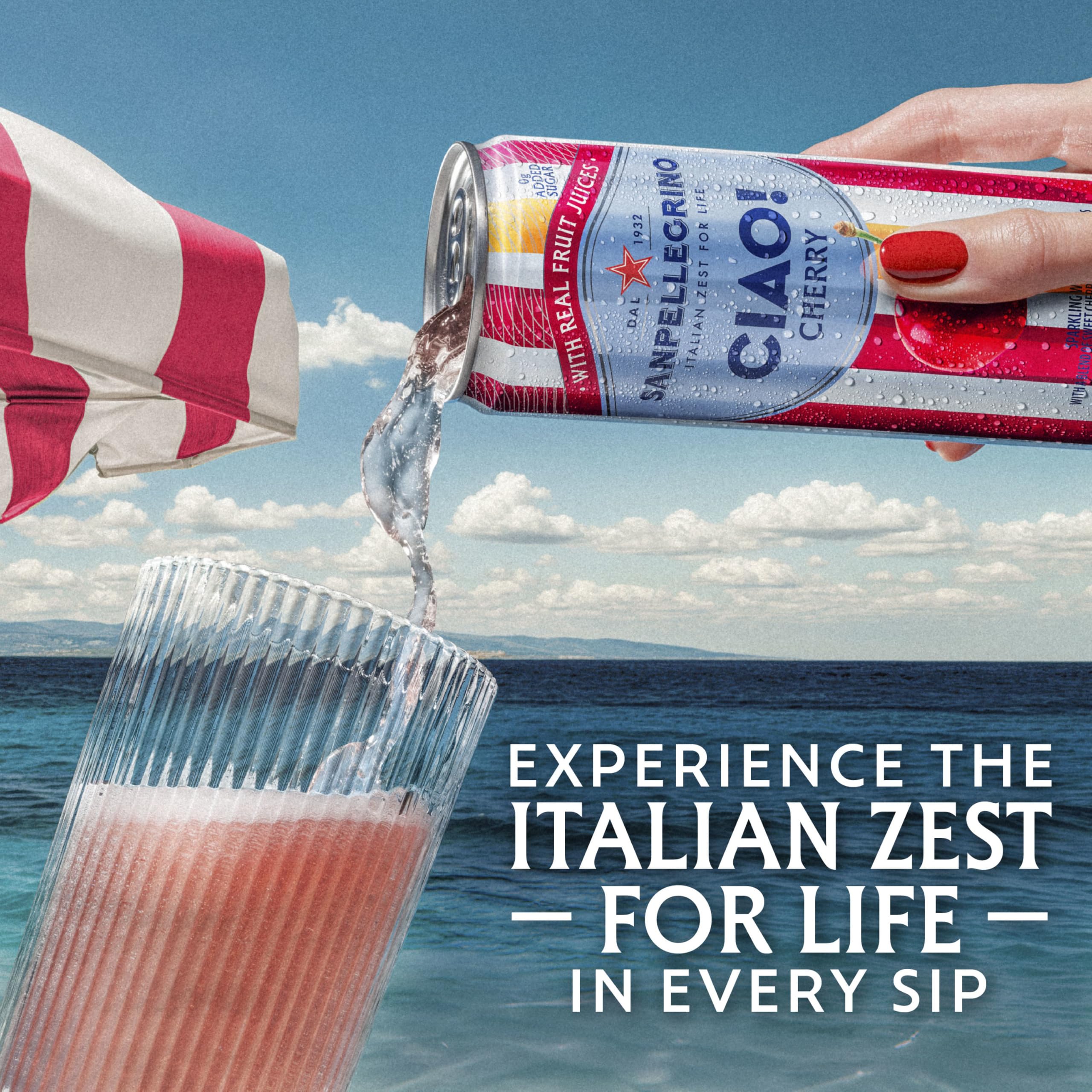 San Pellegrino CIAO Cherry close-up of bubbles and texture offering refreshing feel