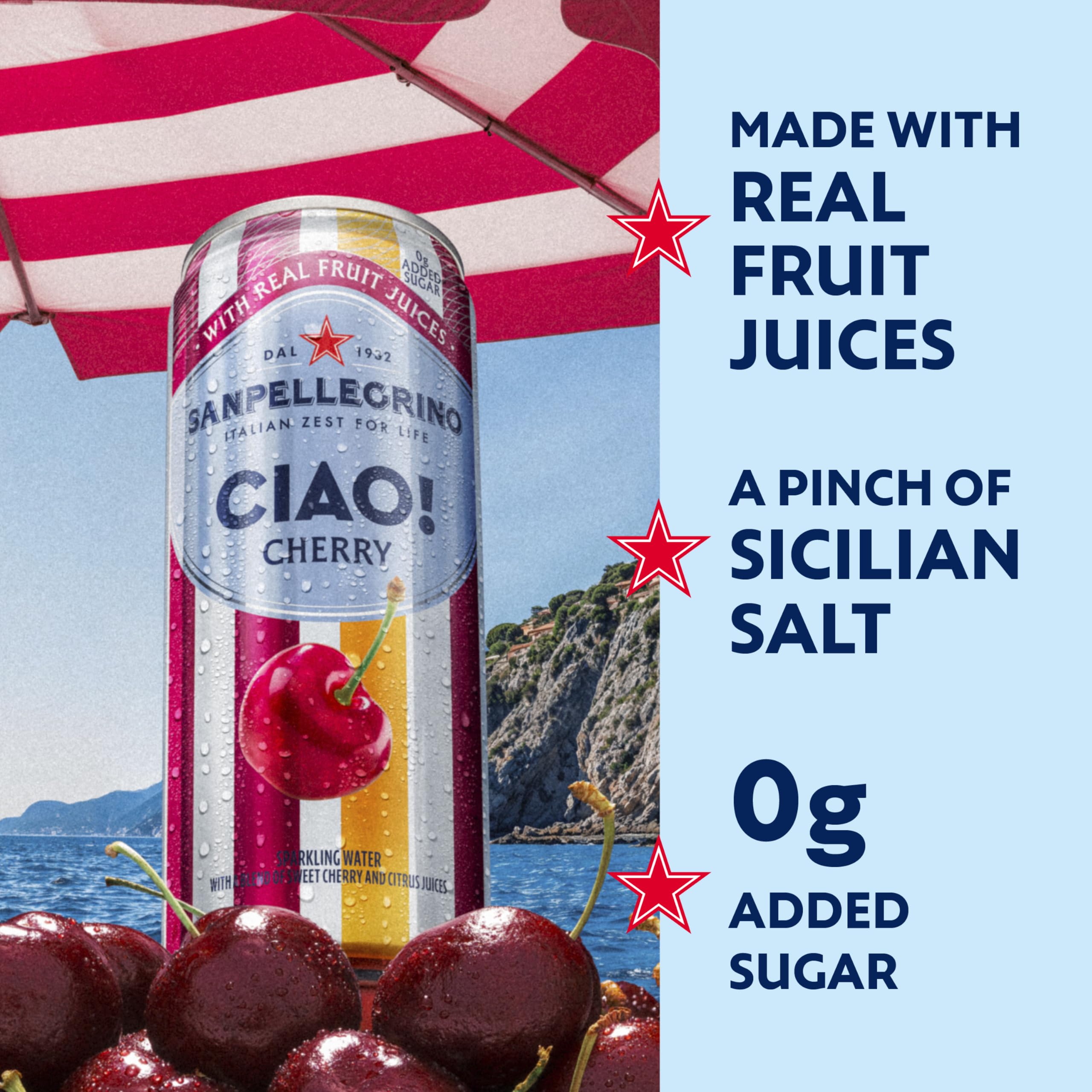 San Pellegrino CIAO Cherry can close-up label highlighting real fruit juice claim