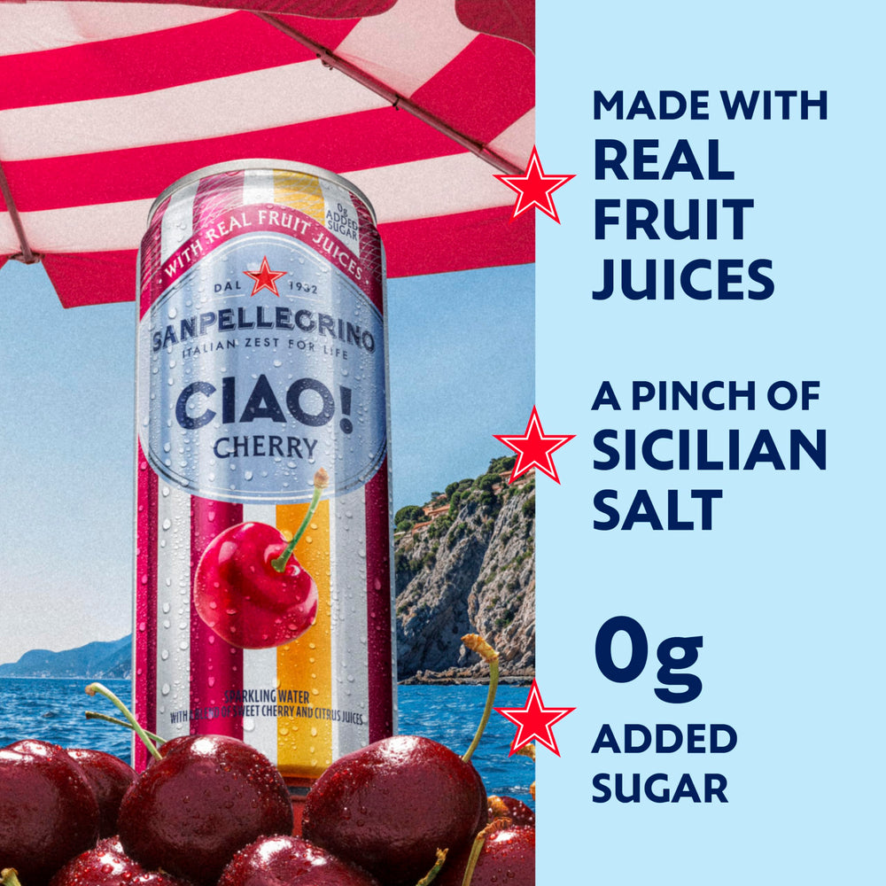 San Pellegrino CIAO Cherry can close-up label highlighting real fruit juice claim
