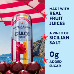 San Pellegrino CIAO Cherry can close-up label highlighting real fruit juice claim