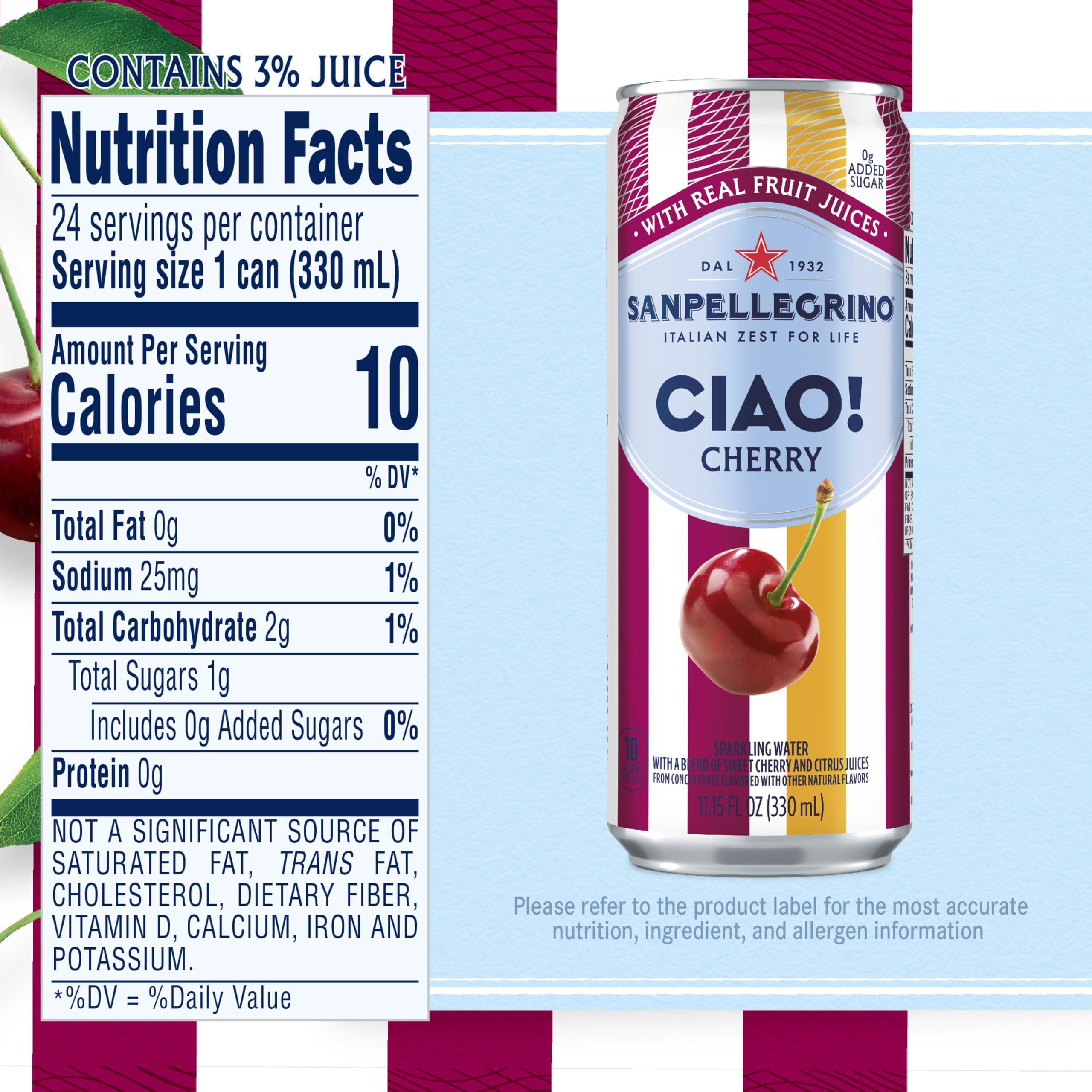 San Pellegrino CIAO Cherry poured into glass with ice showing serving suggestion