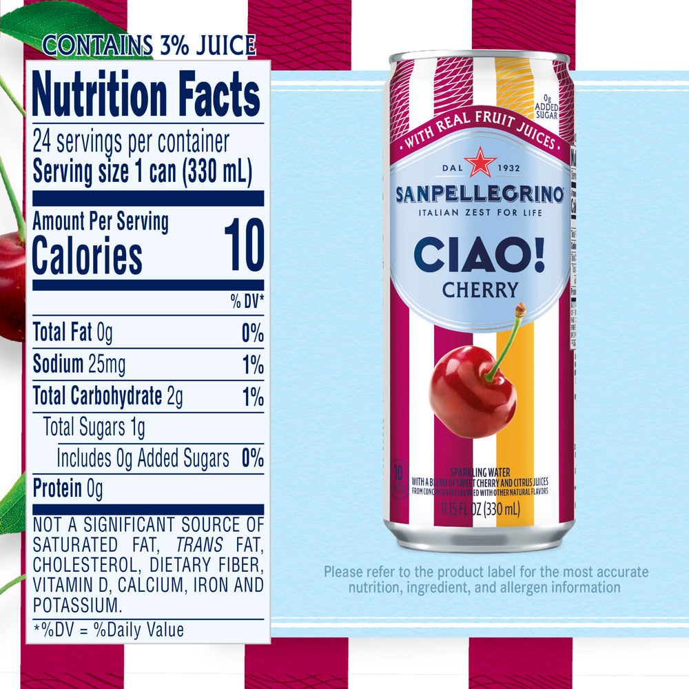 San Pellegrino CIAO Cherry poured into glass with ice showing serving suggestion