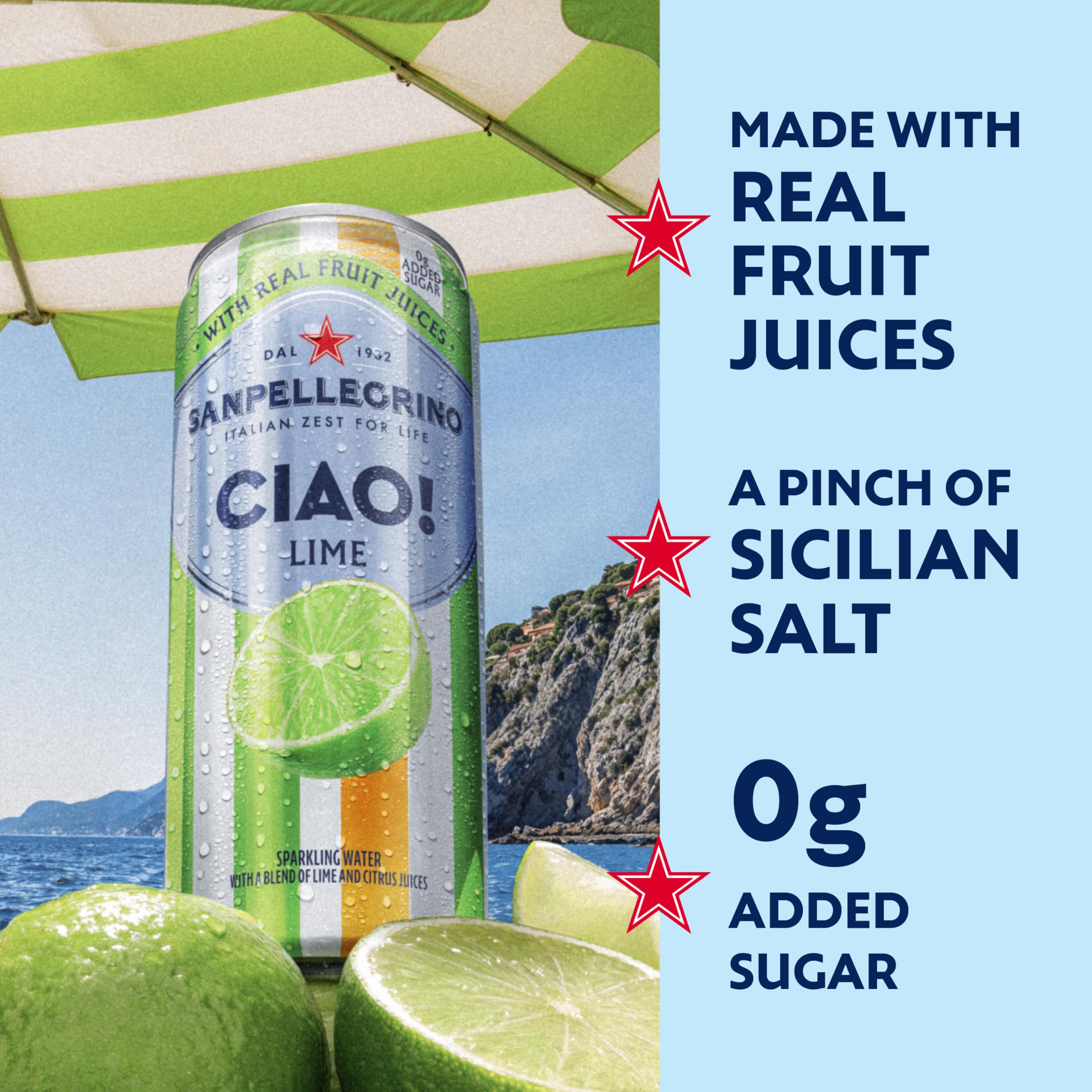 Sanpellegrino CIAO Lime can close-up showing texture and design offering premium look