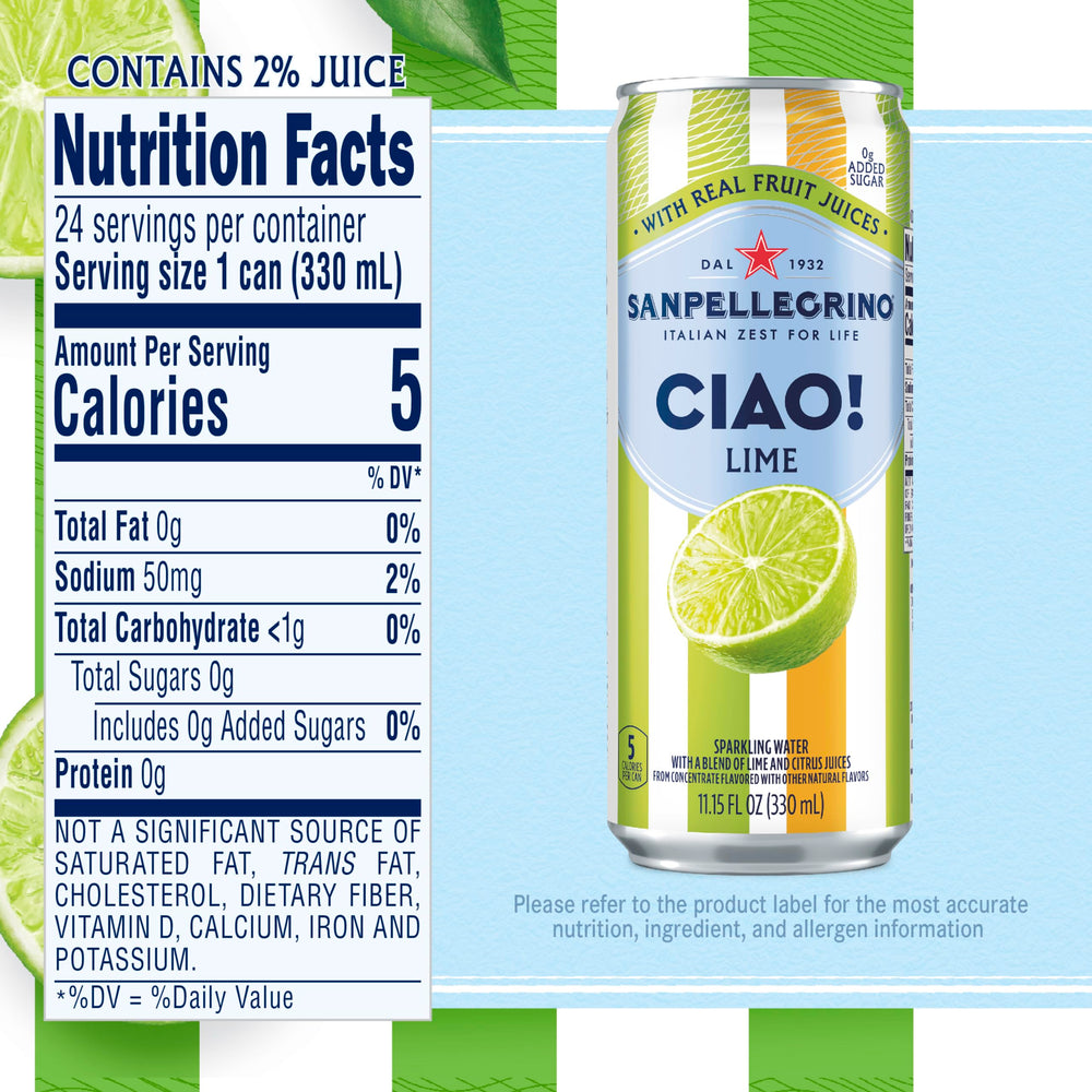 Sanpellegrino CIAO Lime with fresh lime and citrus ingredients emphasizing natural juice