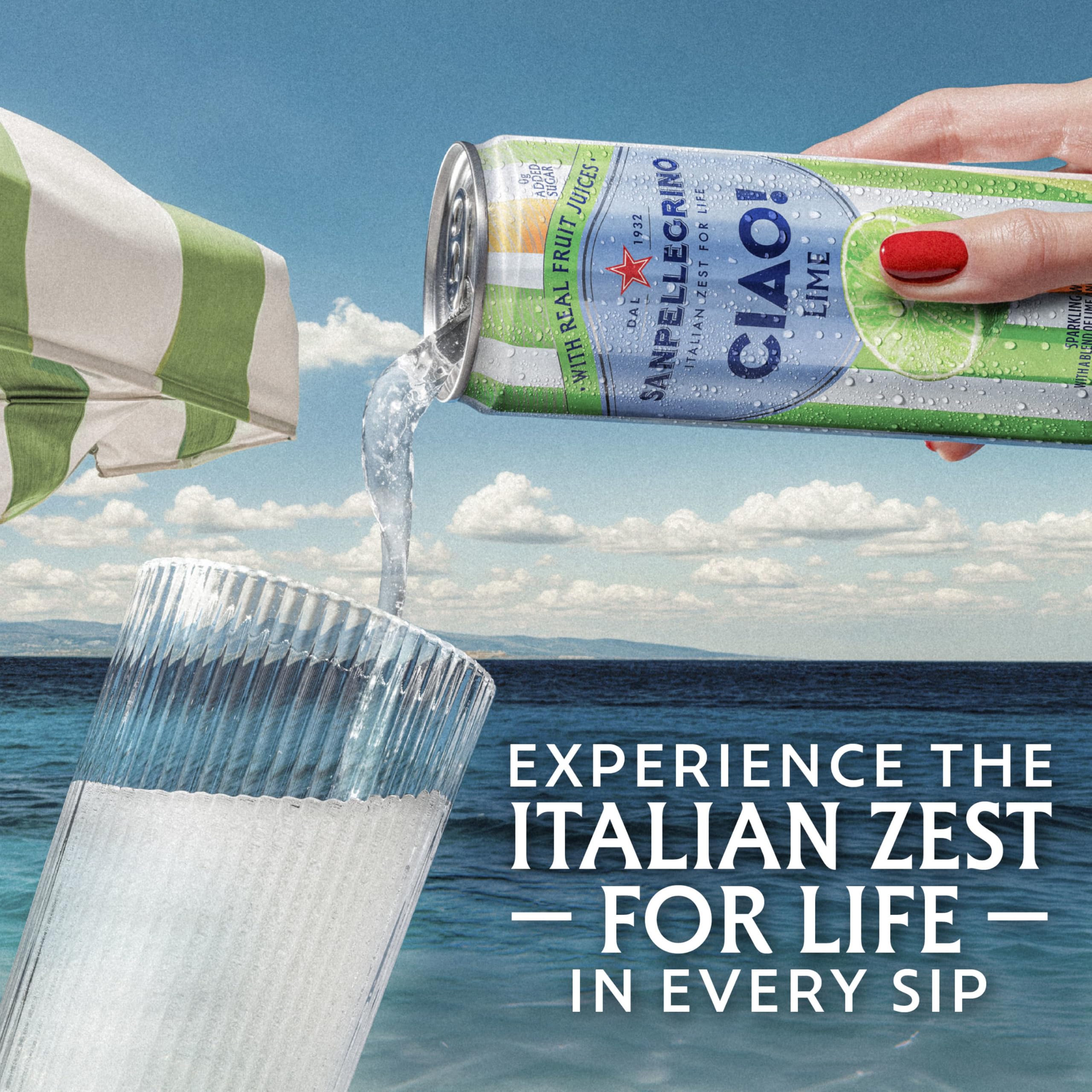 Sanpellegrino CIAO Lime can over ice with bubbles highlighting crisp, chilled refreshment