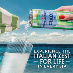 Sanpellegrino CIAO Lime can over ice with bubbles highlighting crisp, chilled refreshment