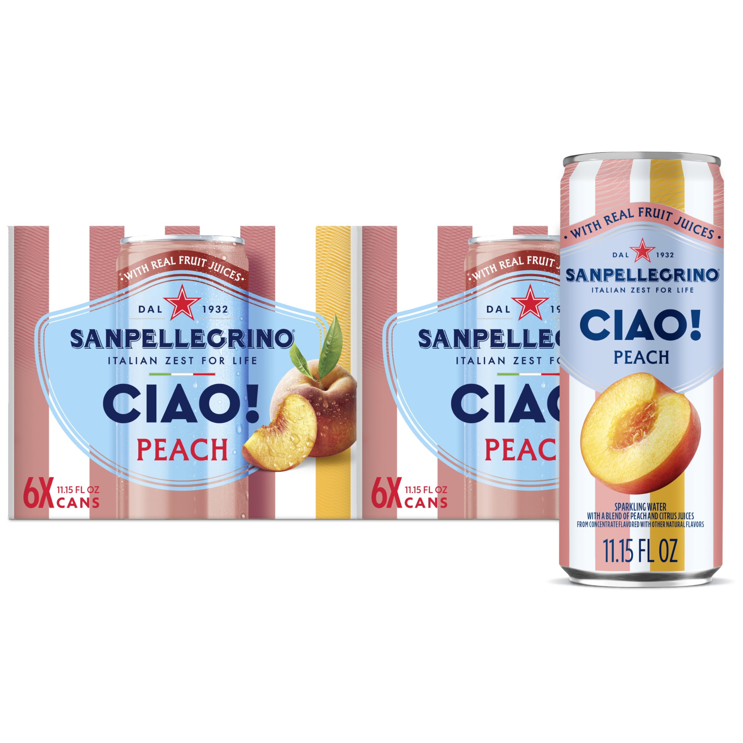 San Pellegrino front can showing peach design and brand, refreshing appeal