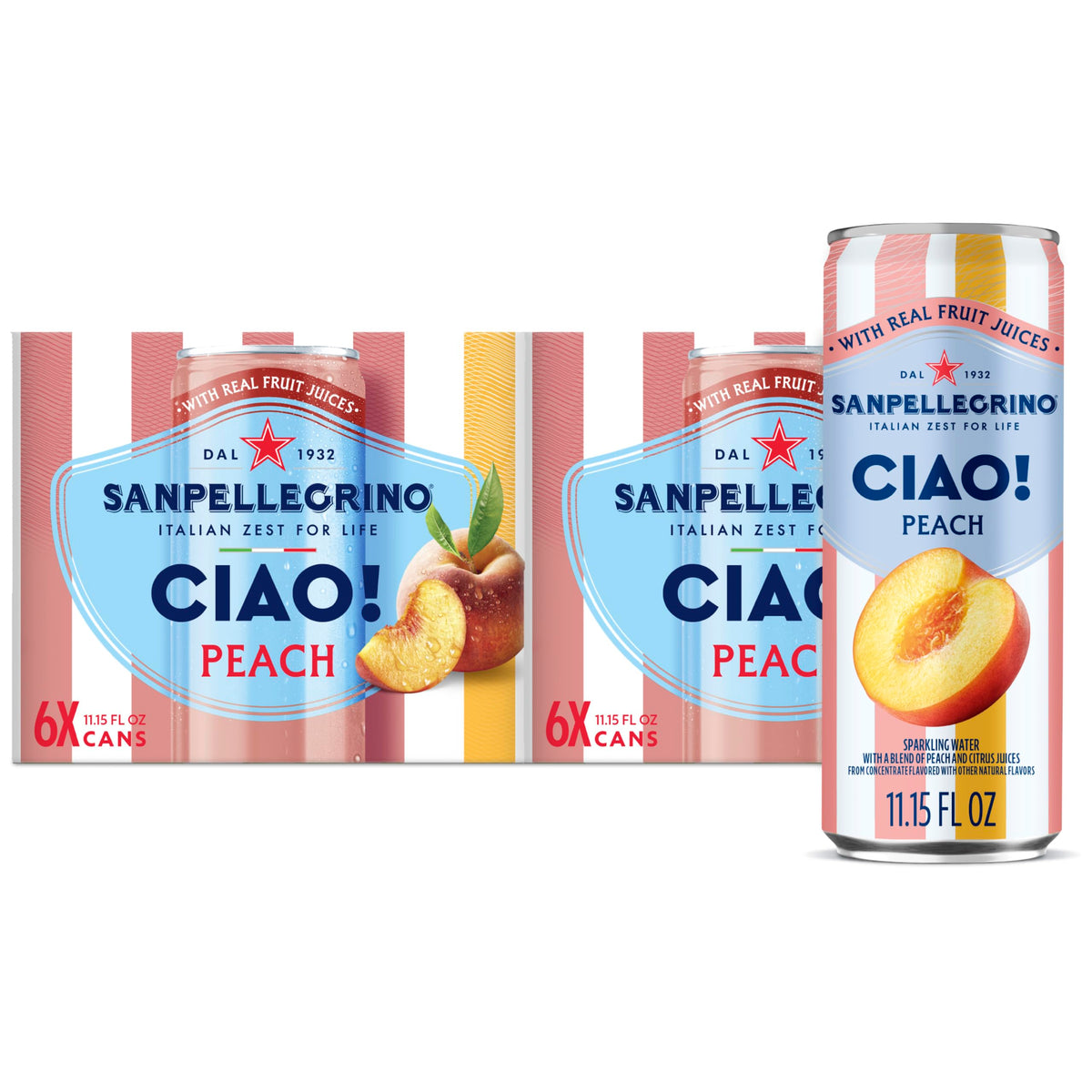 San Pellegrino front can showing peach design and brand, refreshing appeal