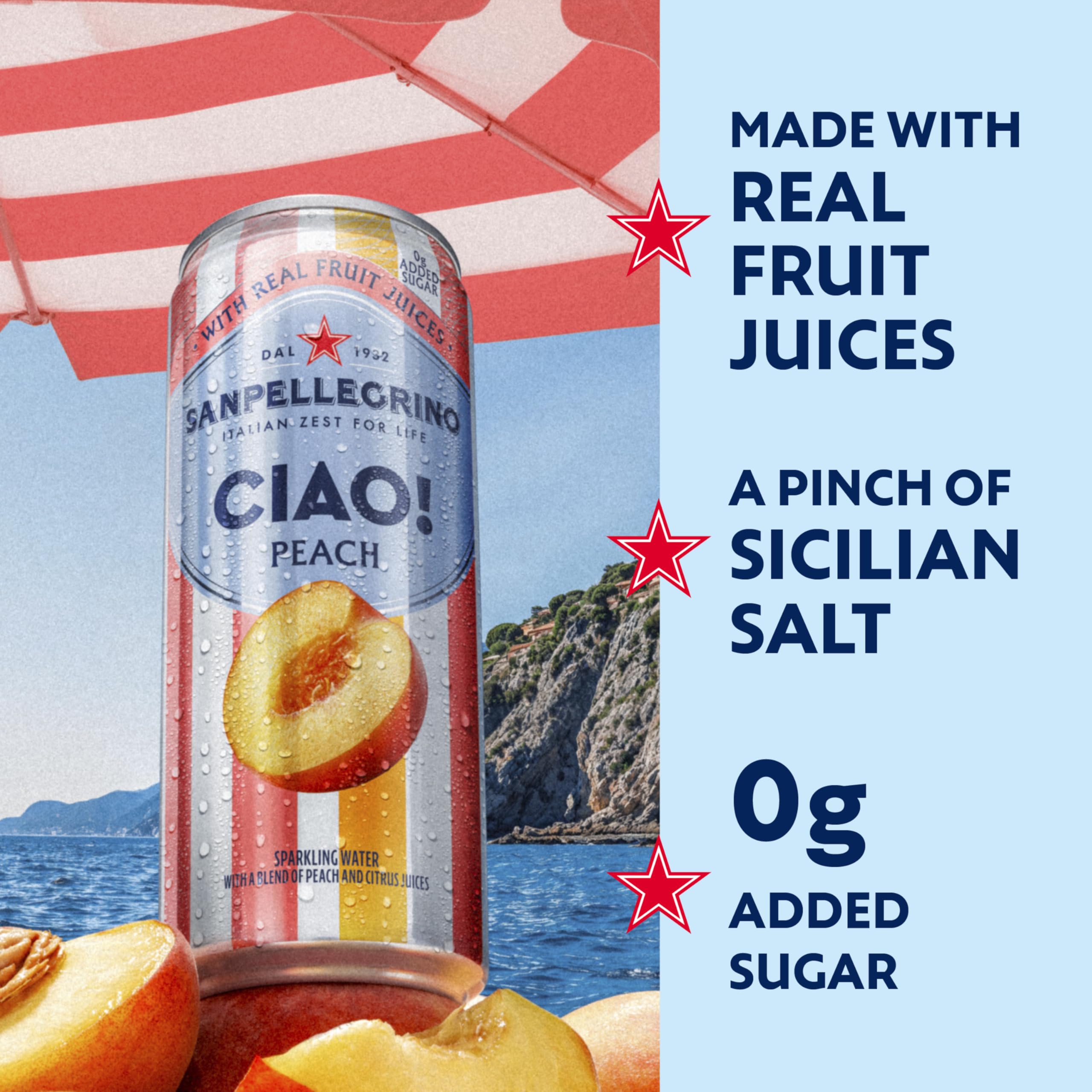 San Pellegrino side label close-up highlighting ingredients and authenticity benefit