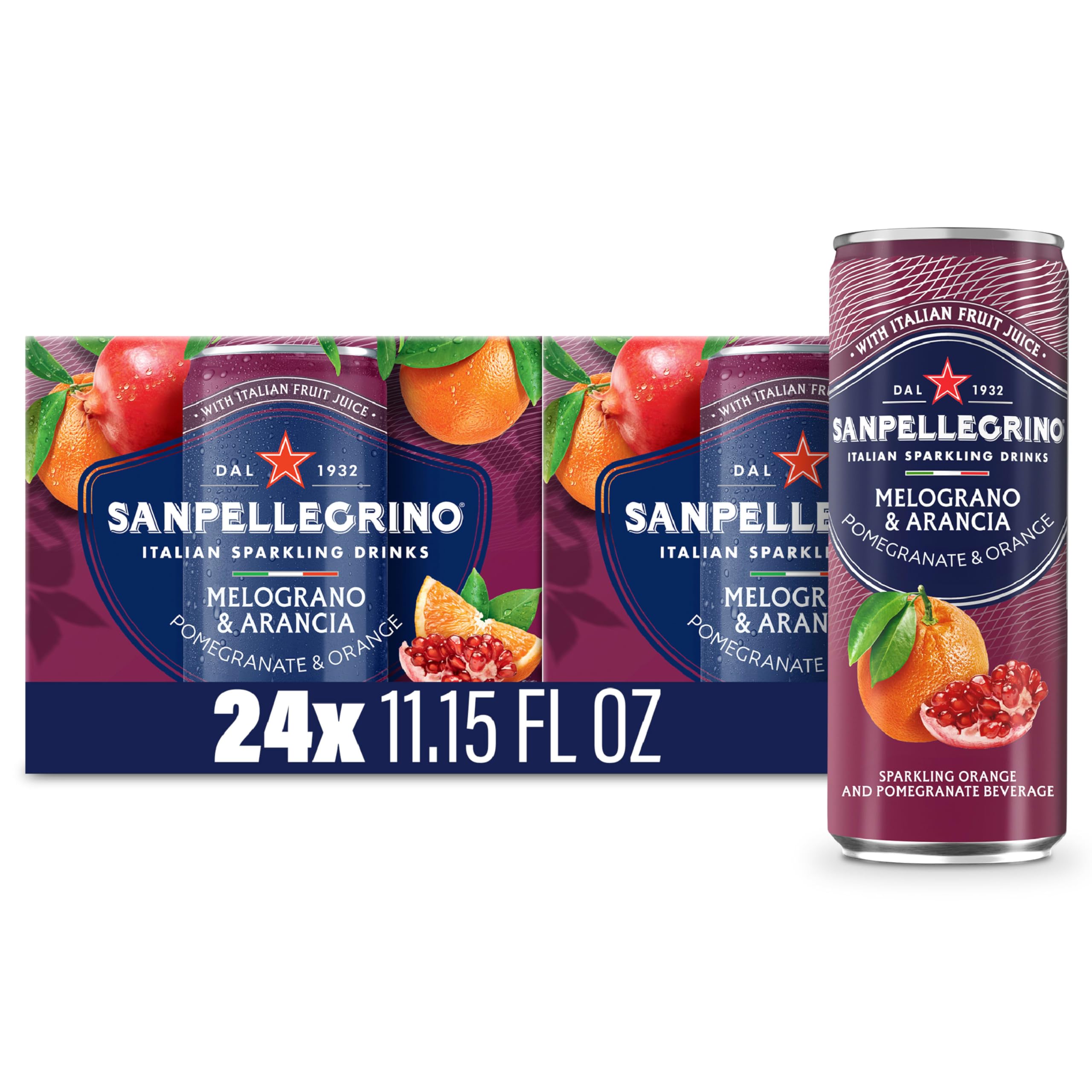 Sanpellegrino front packaging showing Melograno & Arancia cans and bright branding for easy recognition
