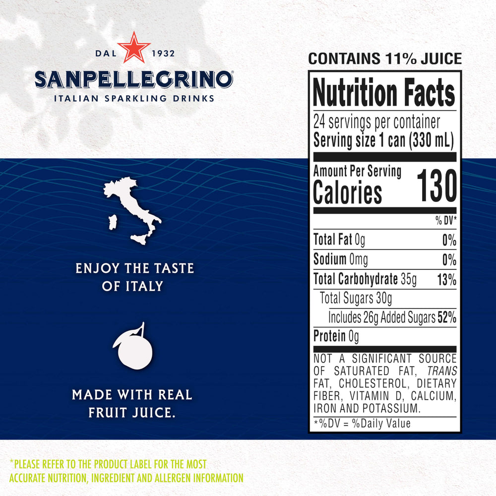 Sanpellegrino can close-up label highlighting authentic juice ingredient benefit