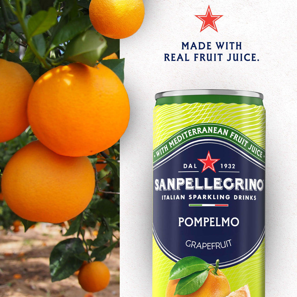Sanpellegrino cans with grapefruit garnish in lifestyle scene for entertaining benefit