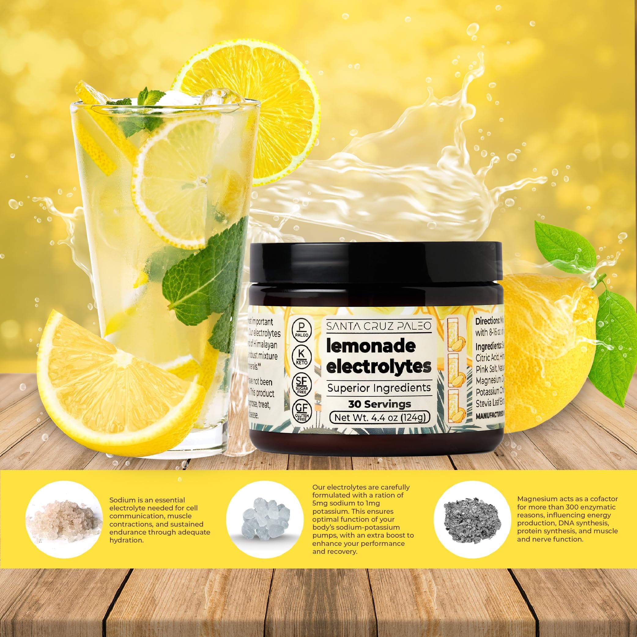 Glass of mixed Santa Cruz Paleo Lemonade powder showing clear, refreshing drink