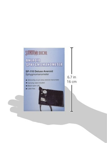Santamedical packaging and accessories set showing included cuff, bulb, and gauge for convenience