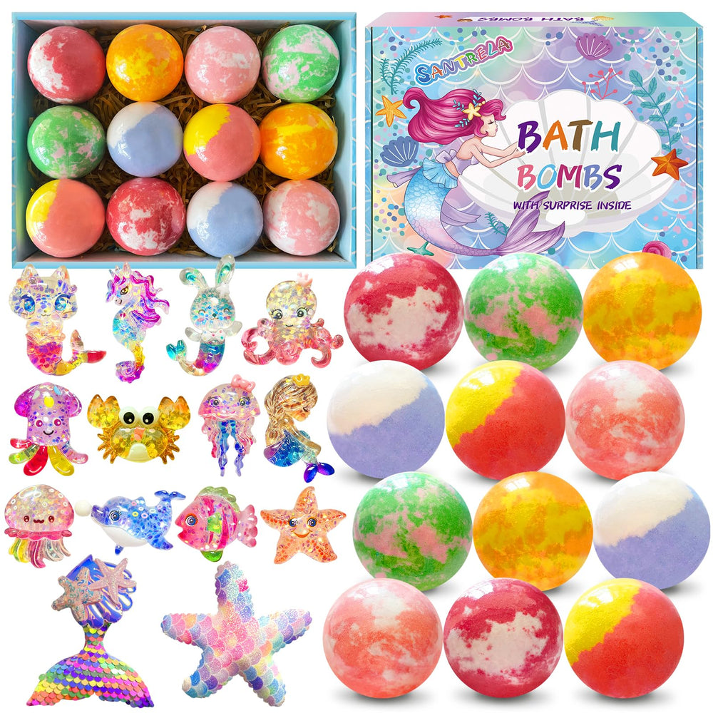 Santrela front packaging showing 12 colorful bath bombs and bonus clips, fun gift appeal