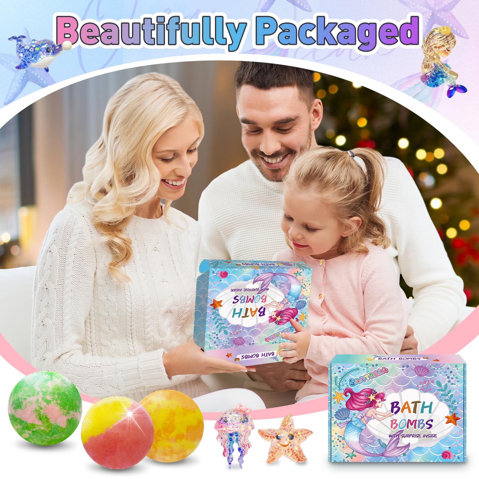 Santrela gift box on bathroom counter with bath bombs and accessories, ready-to-gift presentation
