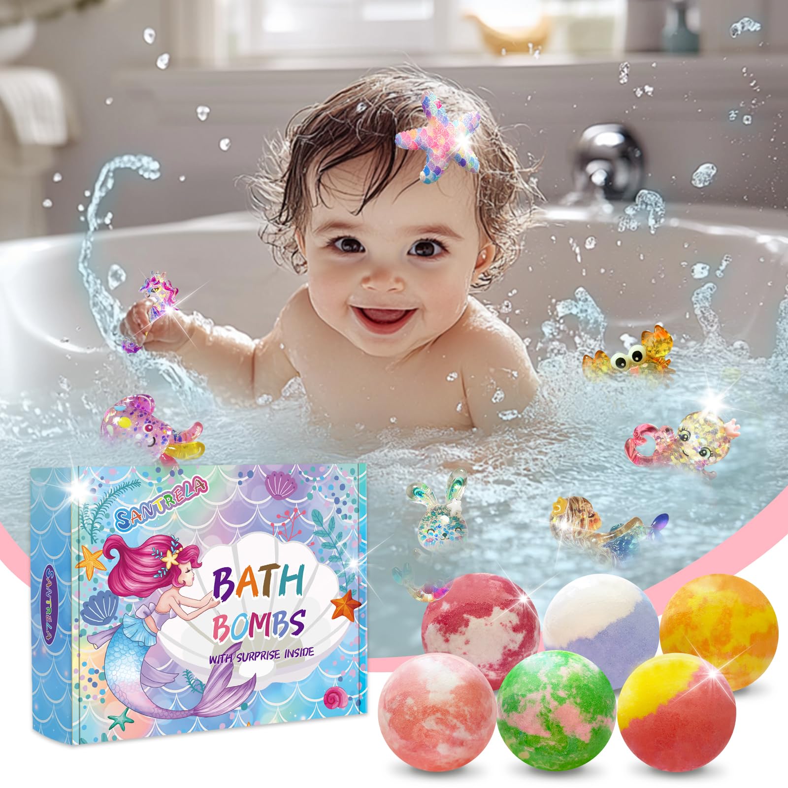 Santrela close-up of revealed mermaid toy inside a bath bomb, sparks imaginative play