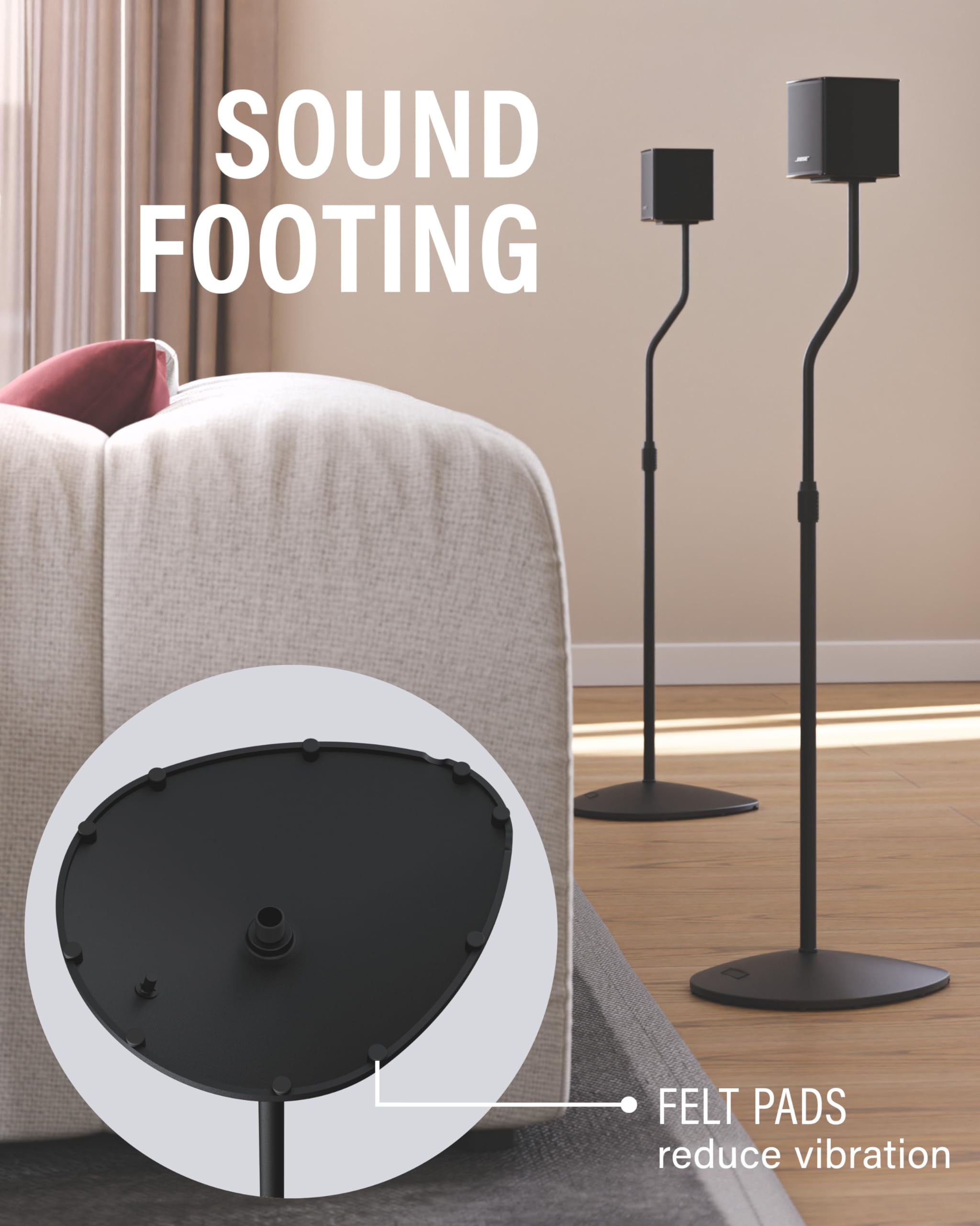 SANUS felt pads closeup protecting floors and reducing cabinet vibration