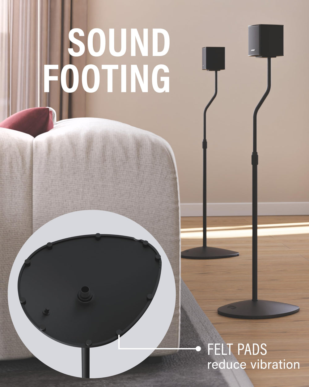 SANUS felt pads closeup protecting floors and reducing cabinet vibration