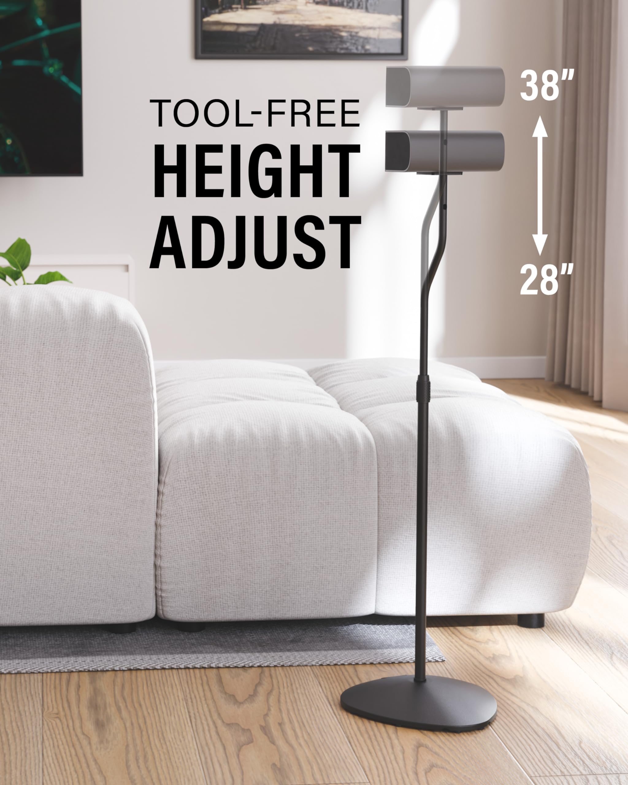 SANUS L-shaped bracket attached to stand illustrating versatile speaker mounting