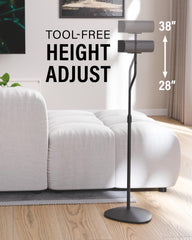 SANUS L-shaped bracket attached to stand illustrating versatile speaker mounting
