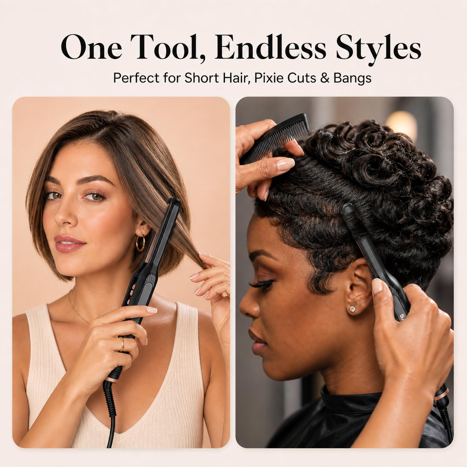 SAOSA in use styling a bang section demonstrating precision on short hair