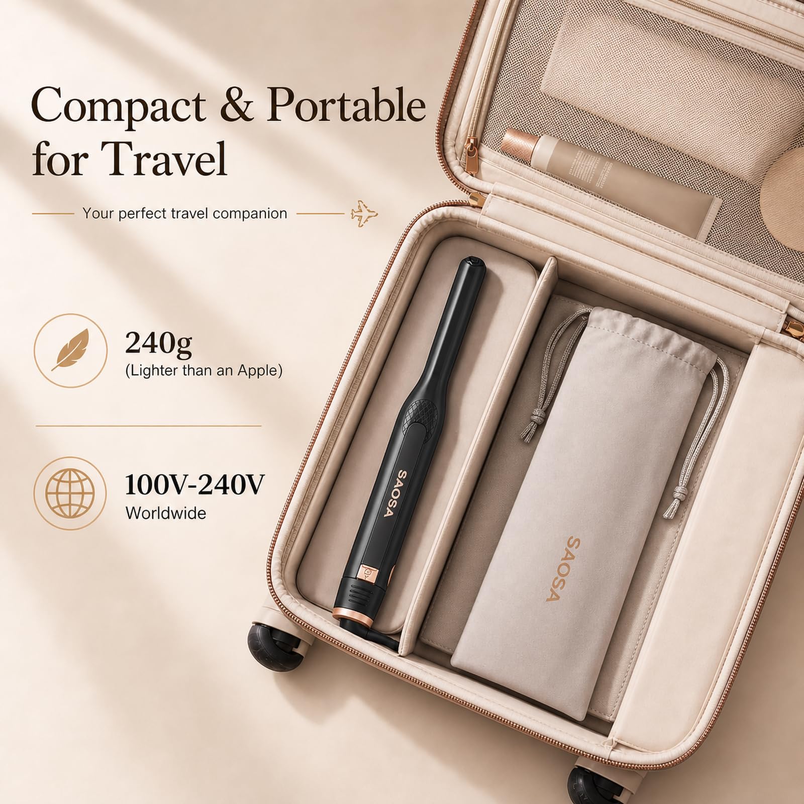 SAOSA size comparison next to an apple illustrating the lightweight portability