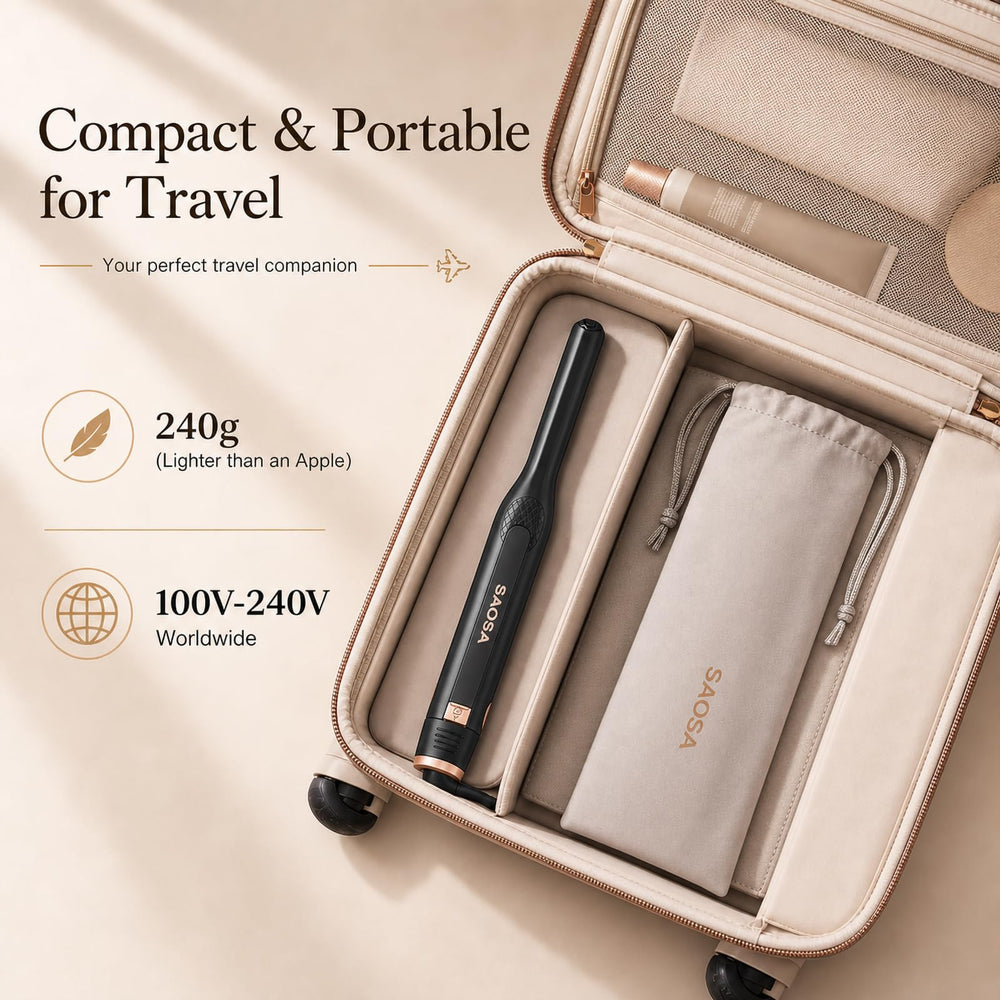 SAOSA size comparison next to an apple illustrating the lightweight portability