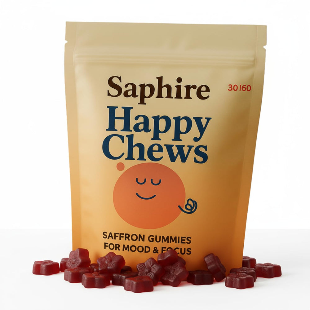 SAPHIRE HAPPY CHEWS front packaging showing bottle and label benefits