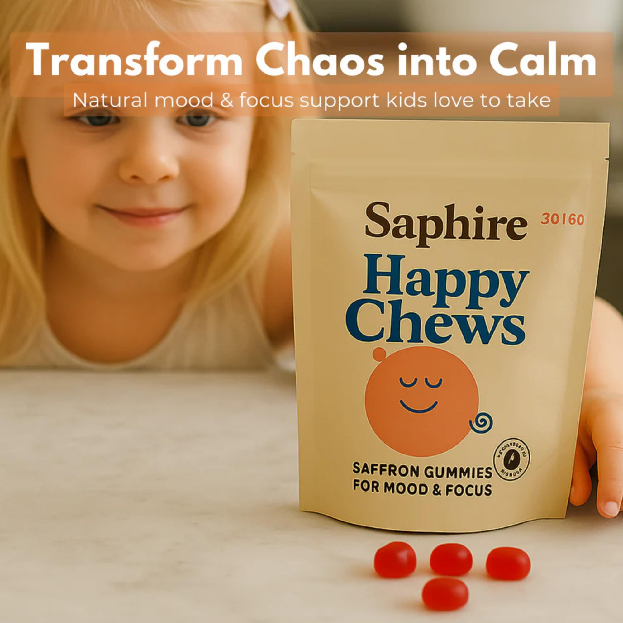 SAPHIRE HAPPY CHEWS gummy close-up highlighting soft berry texture