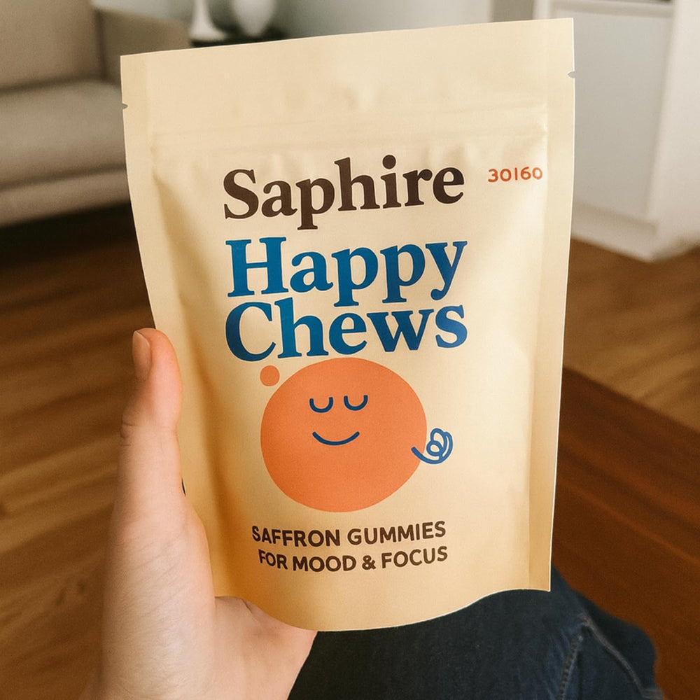 SAPHIRE HAPPY CHEWS jar on breakfast table illustrating morning routine benefit