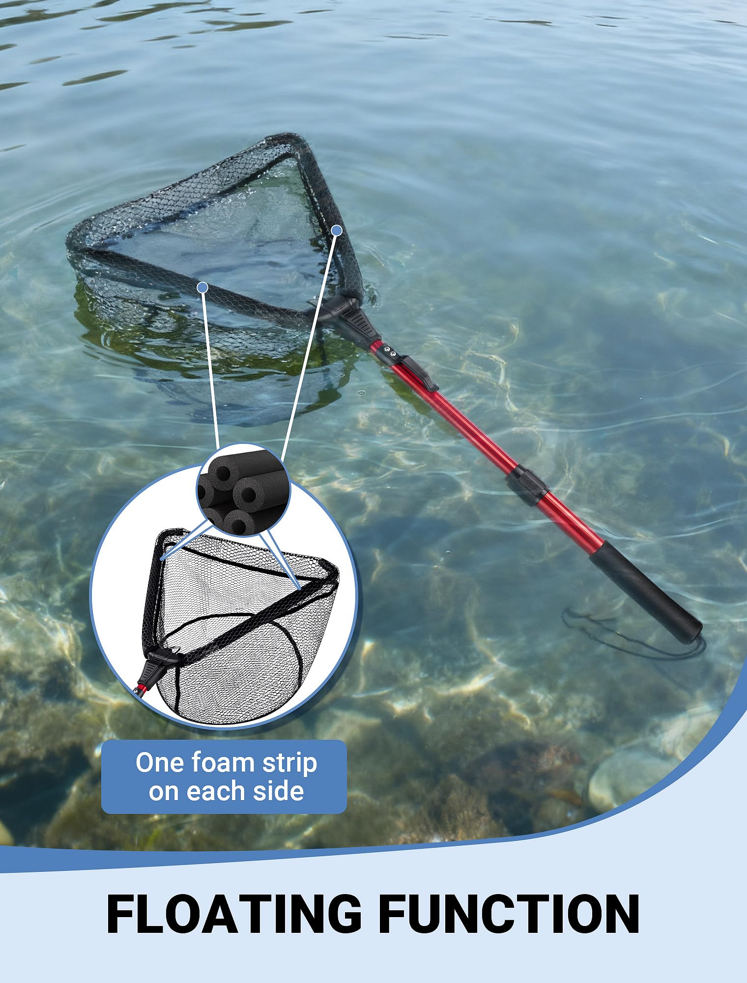 SARDVISA net floating on water demonstrating buoyant foam for quick retrieval
