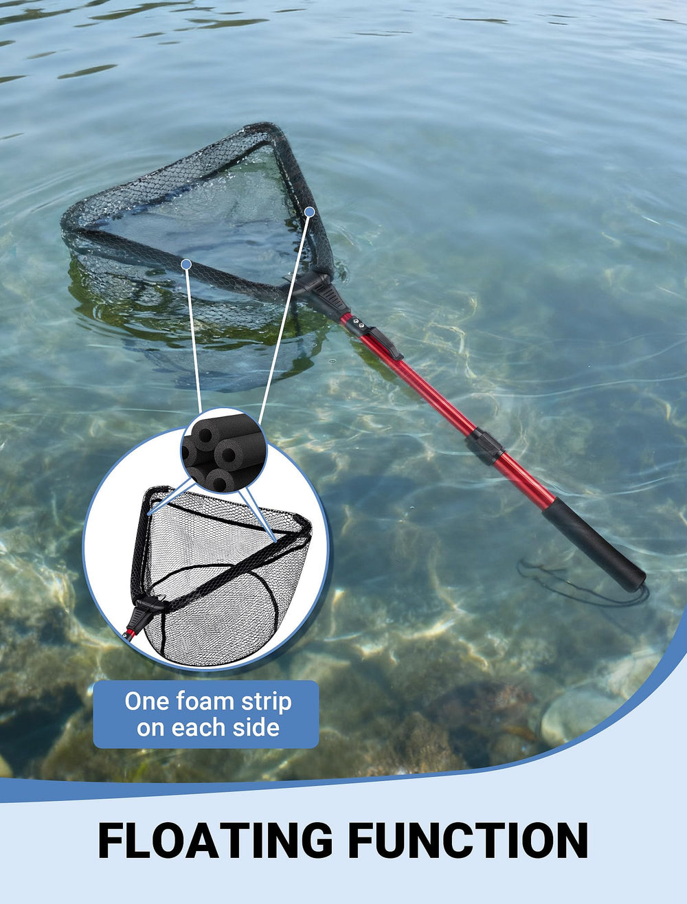 SARDVISA net floating on water demonstrating buoyant foam for quick retrieval