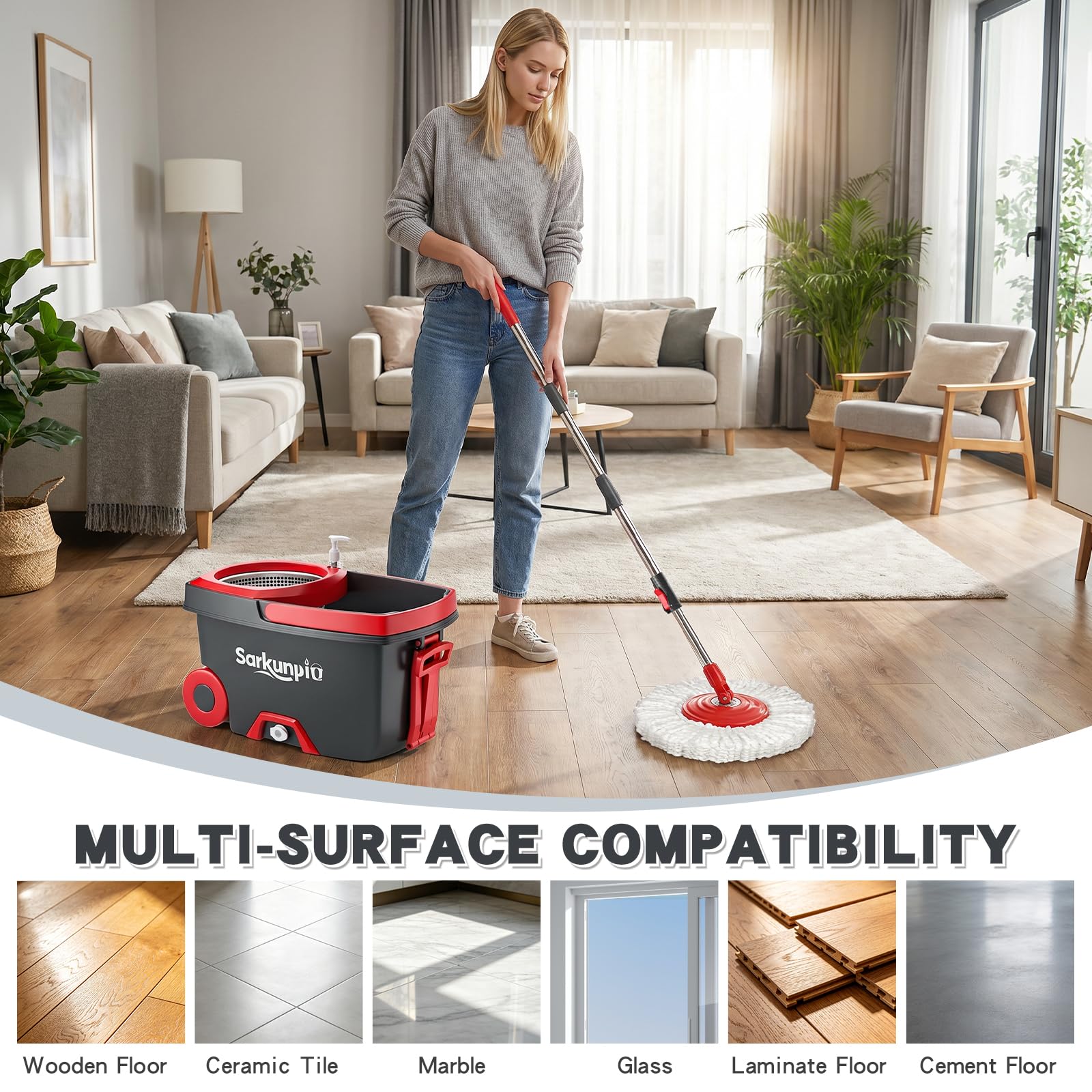 Sarkunpio lifestyle kitchen cleaning scene showing streak-free floor results and convenience