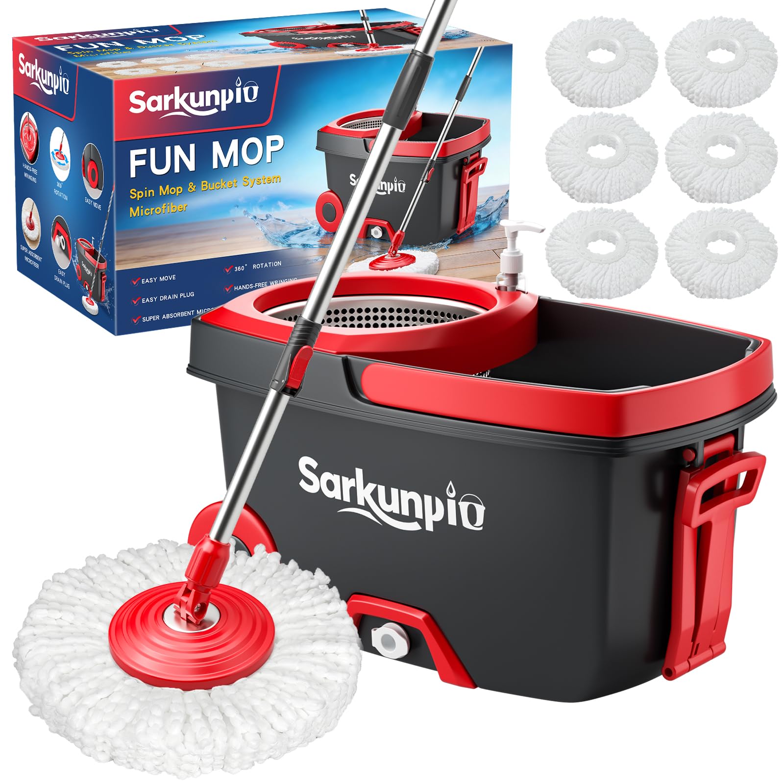 Sarkunpio spin mop and bucket front view showing complete set and storage benefit