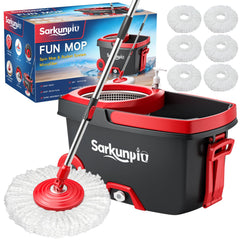 Sarkunpio spin mop and bucket front view showing complete set and storage benefit