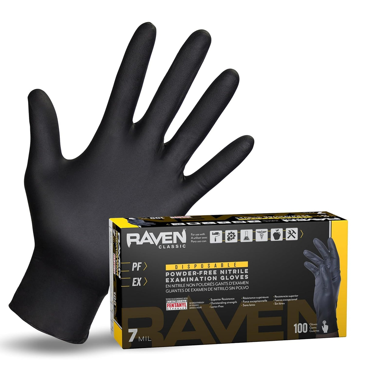 SAS Raven front box showing 100-count black nitrile gloves ideal for workplace safety