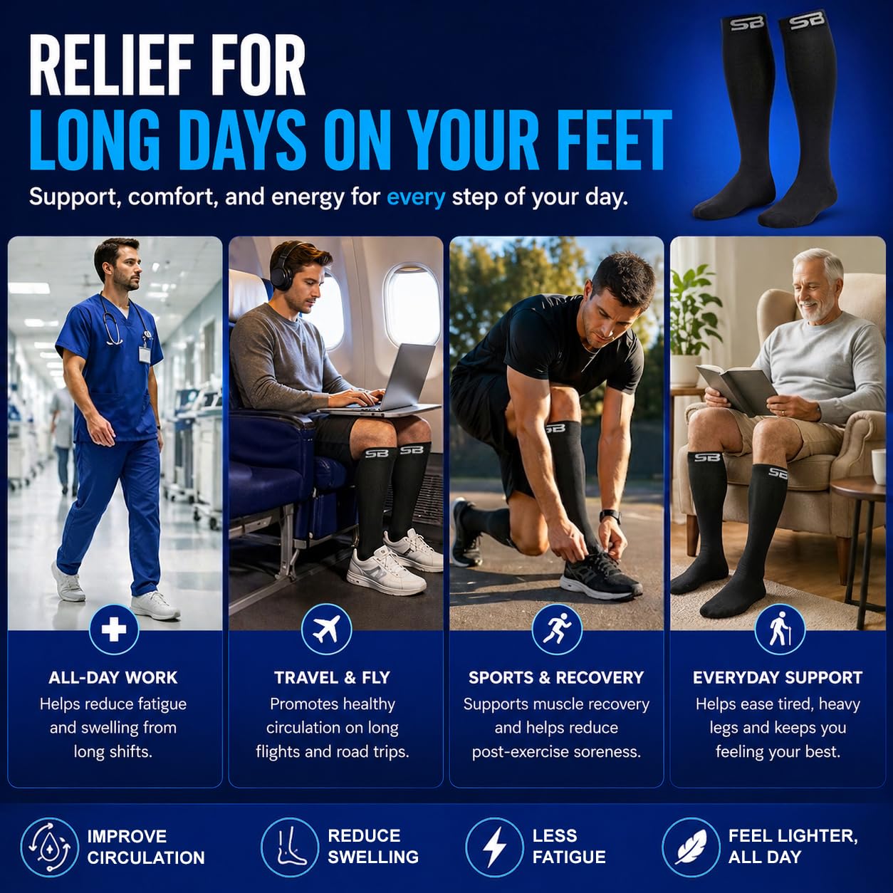 SB SOX packaging and label detail displaying size, compression level, and care