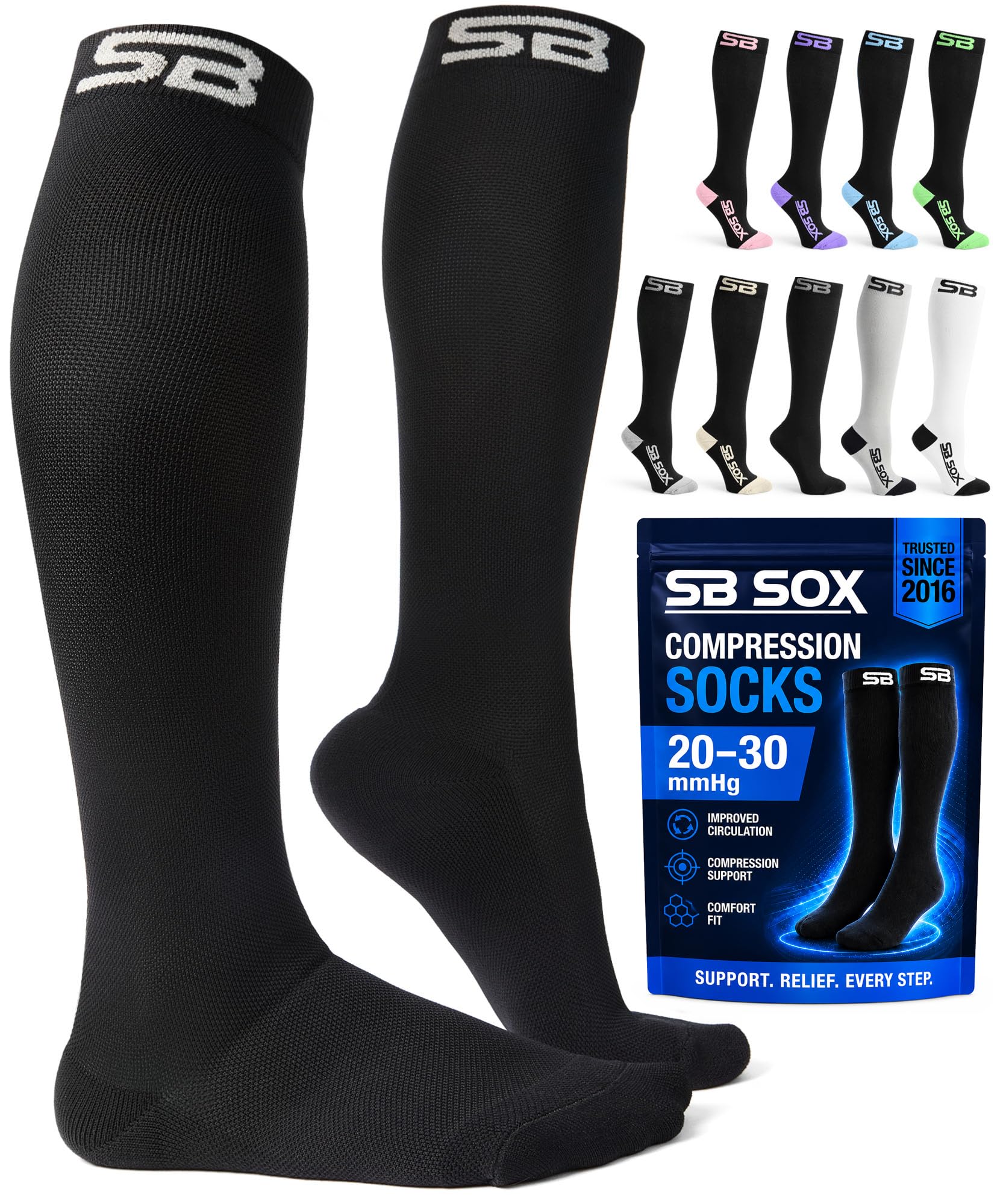 SB SOX front view of solid black large compression sock showing fit and style benefit