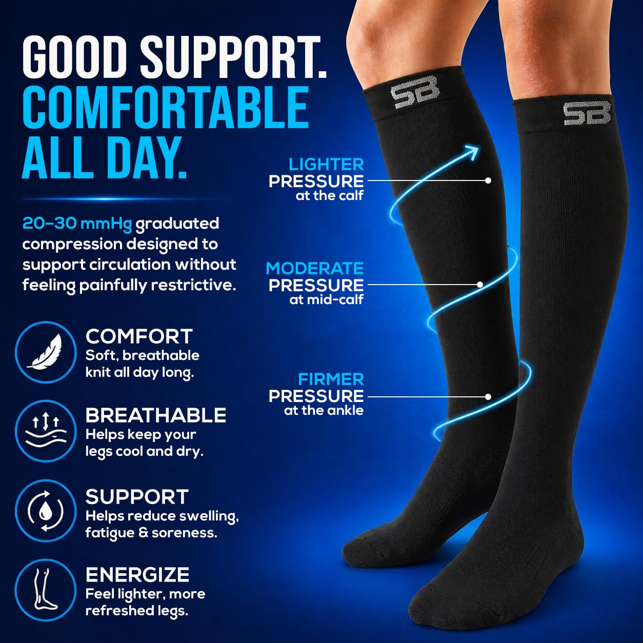 SB SOX worn on a model leg showing large size scale and proper calf fit