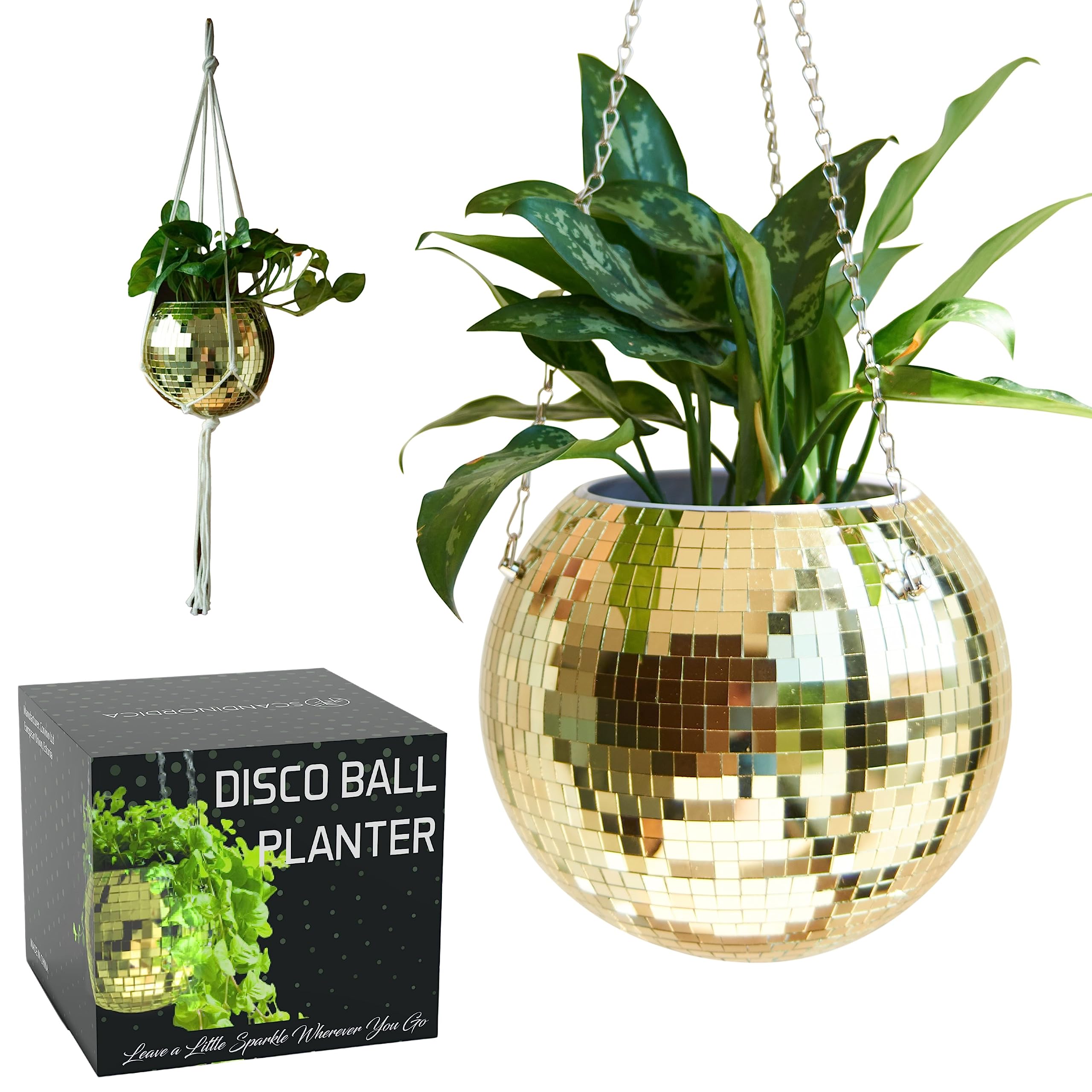SCANDINORDICA front view of gold disco ball planter showing gift-ready packaging and shine