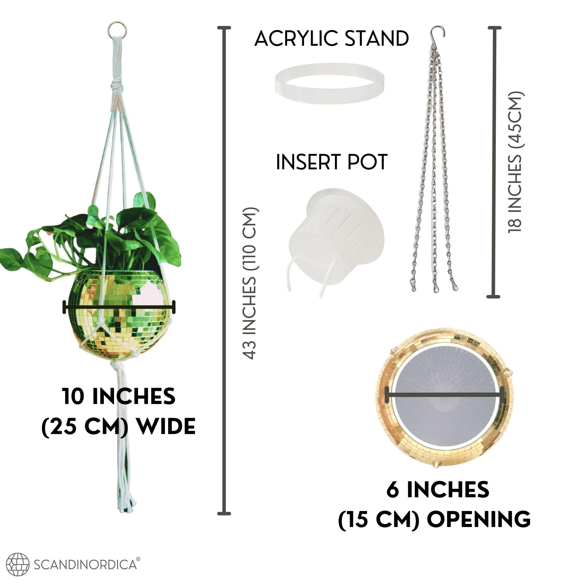 SCANDINORDICA disco ball planter suspended on macramé hanger showing boho display option