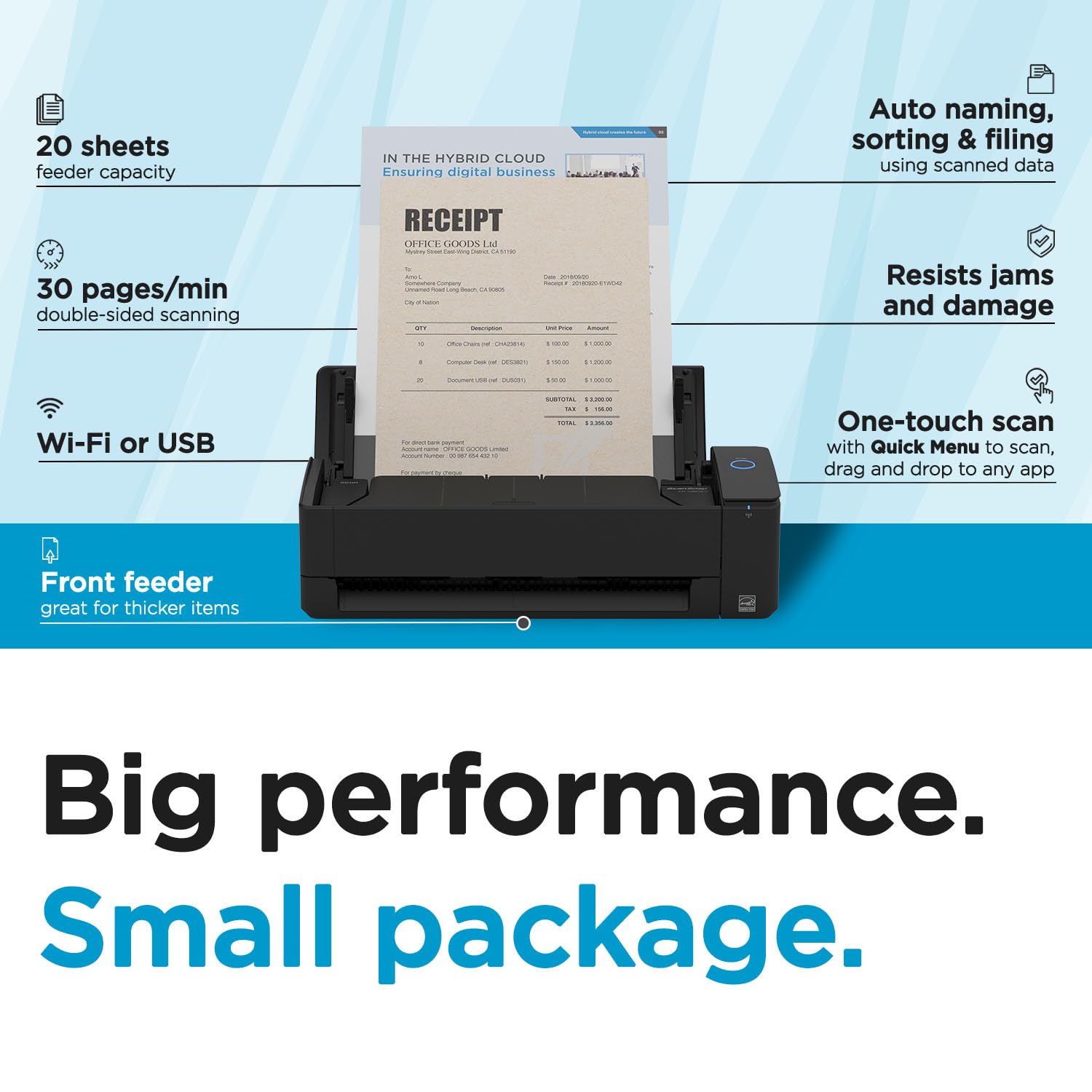 ScanSnap iX1300 paper feeder detail illustrating reliable multi-page handling