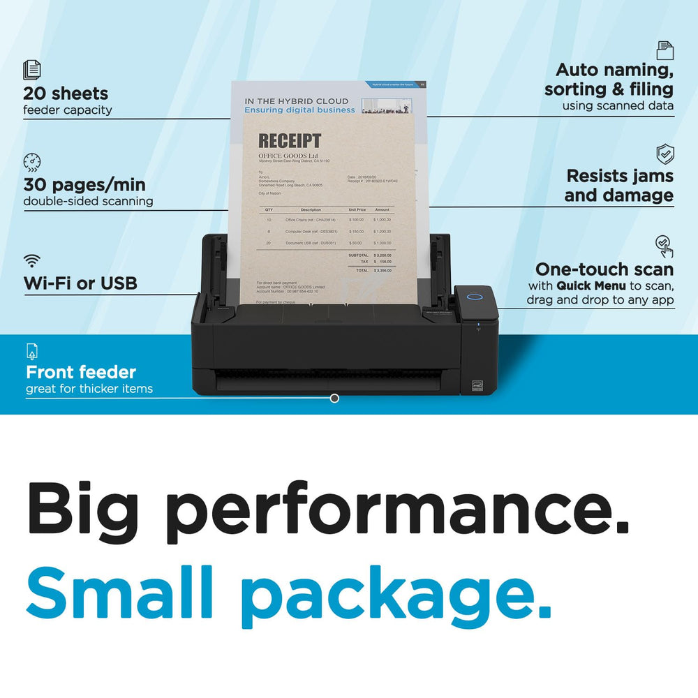 ScanSnap iX1300 paper feeder detail illustrating reliable multi-page handling