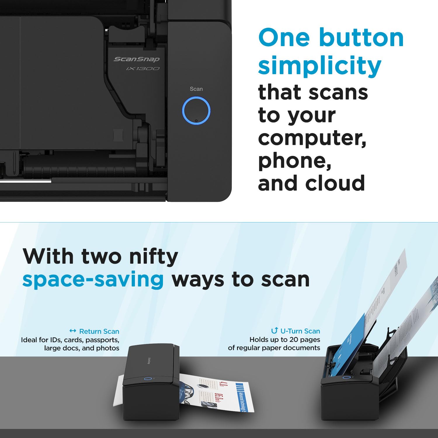 ScanSnap iX1300 scanning action capturing double-sided pages quickly and efficiently